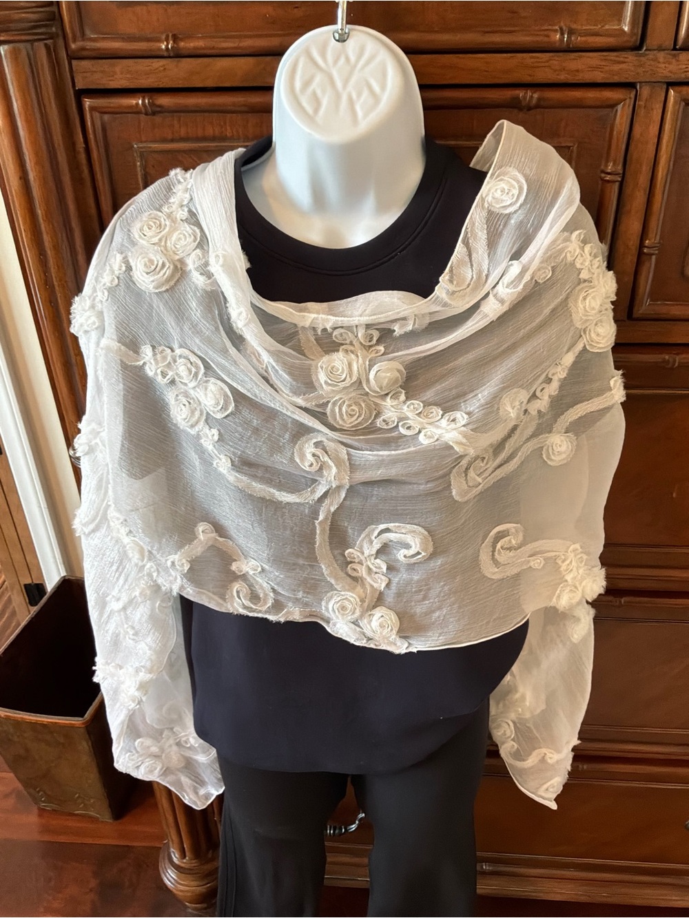 White sheer appliqué, scarf. Great to dress up a simple dress,Tee or Jean jacket